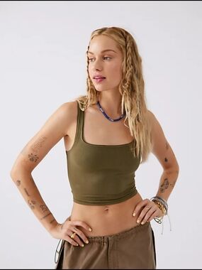 UO Sweet Thing Ribbed Square-Neck Crop Tanks (Olive, Dusty Blue, White, Black)